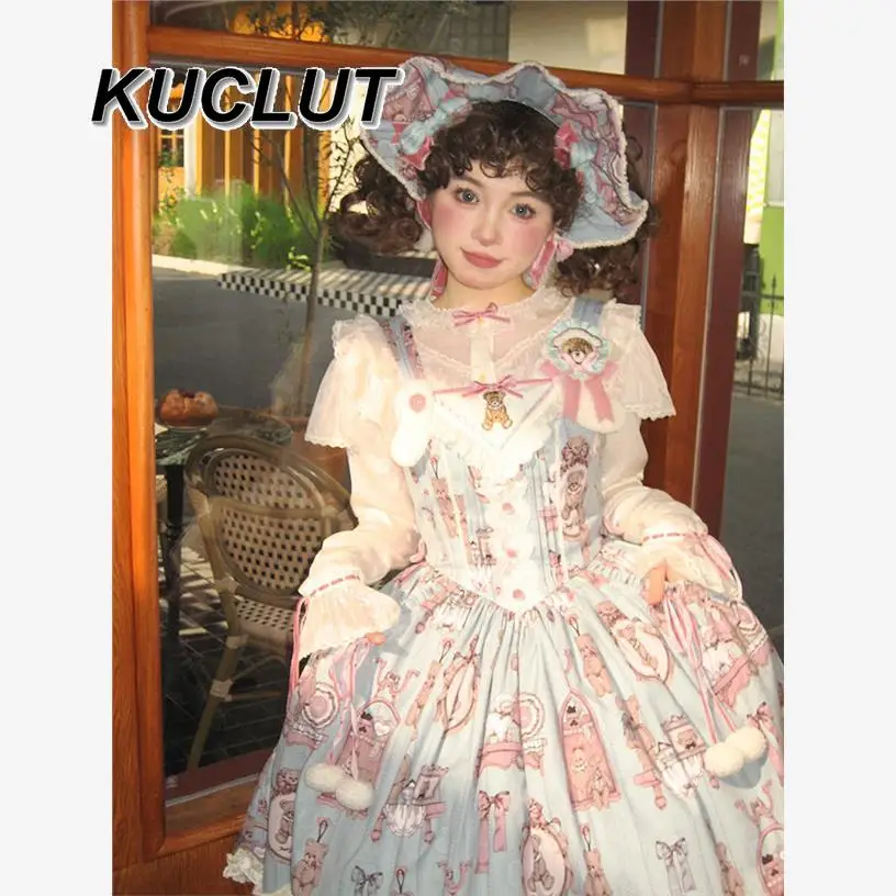 Long-sleeved Inner Lolita Style Doll Wall Stand-up Collar V-shaped Ruffle Edge Casual Elegant Blouses Femme Women's Tops