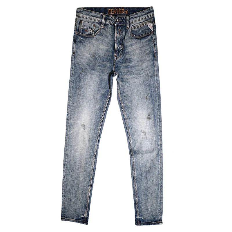 Jeans da uomo firmati di moda di alta qualità retrò blu elasticizzato elastico Slim Fit Jeans strappati pantaloni da uomo pantaloni Vintage in Denim Hombre