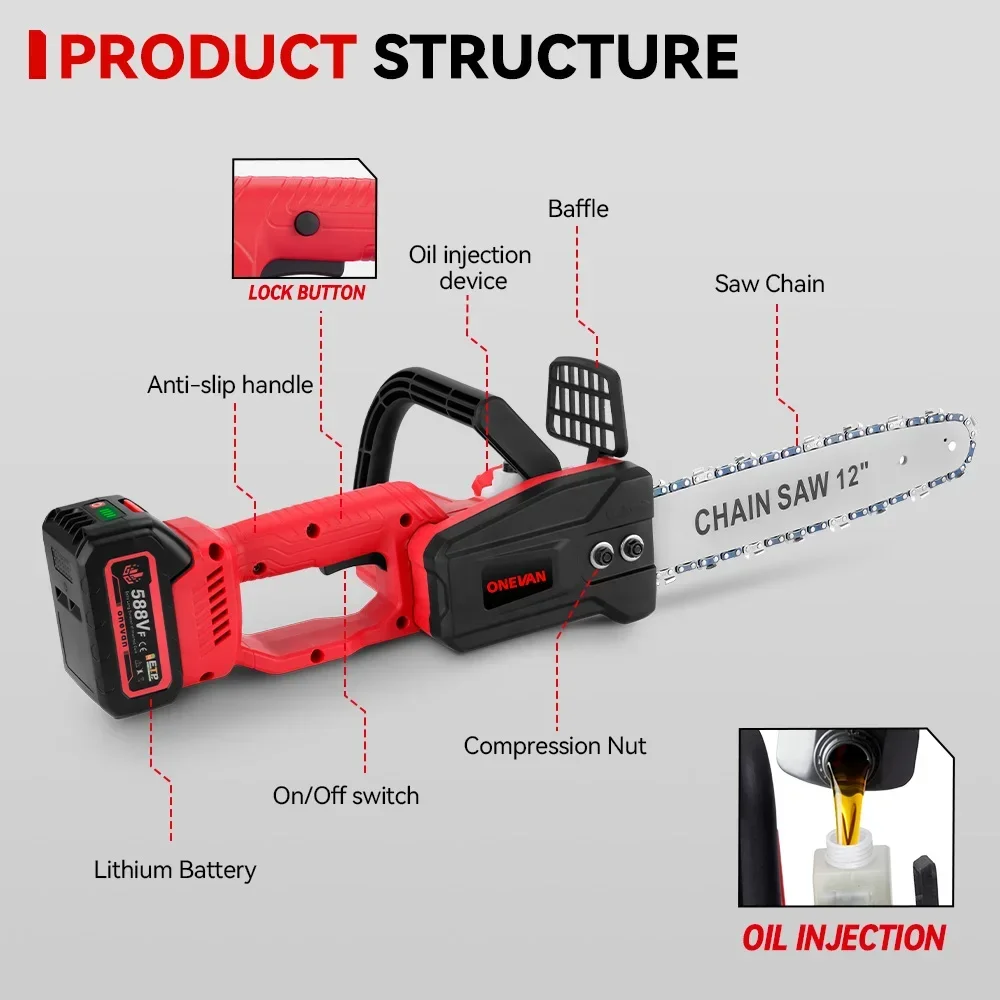 12 Inch Brushless Electric Chainsaw 20000RPM Cordless Portable Garden Woodworking Cutting Tool Machine For 21V 18V Battery