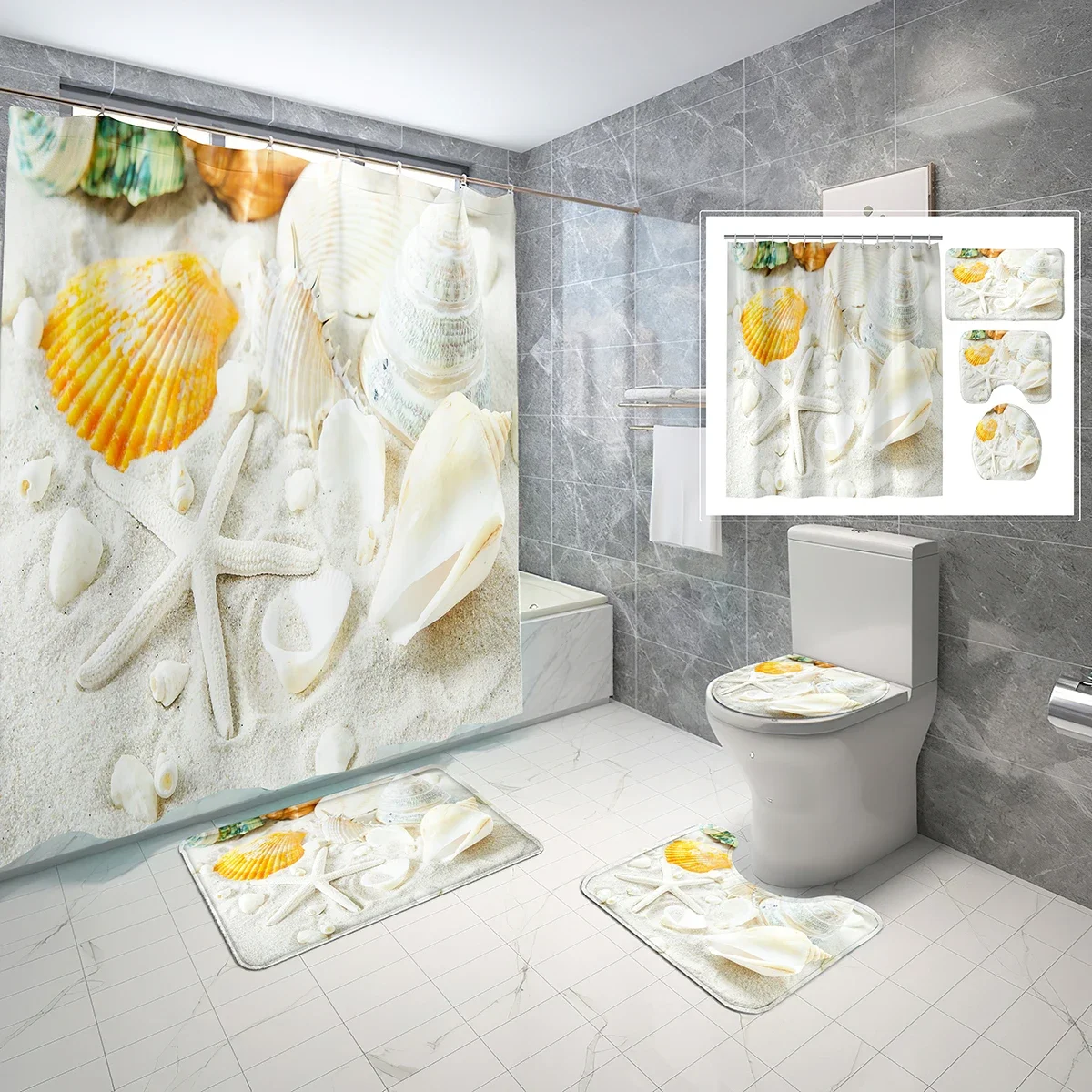 4 Pcs Shell Shower Curtain Sets Urquoise Marine Beach Starfish Non-Slip Bath Mat Toilet Cover Waterproof Shower Curtain Set