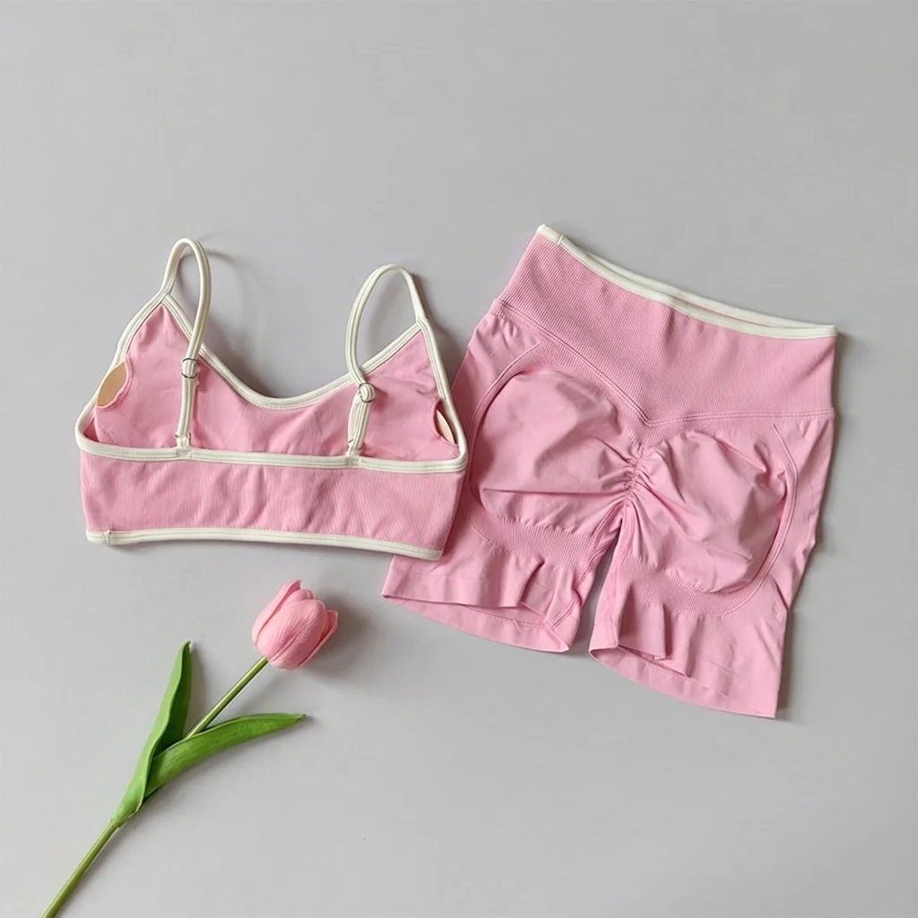 Women Contrast Color Block Yoga Set Backless Tight Quick Dry Sports Suit Stretch Outfit For Workout Jogging Training Street Wear
