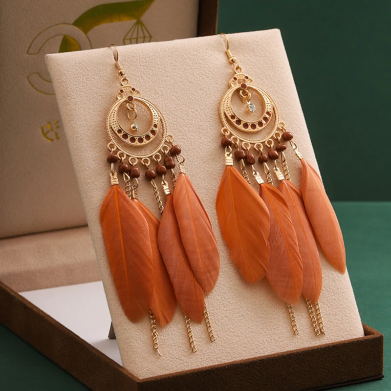 Boucles d'oreilles en plumes ethniques bohèmes classiques pour femmes, boucles d'oreilles pendantes rétro, glaçure goutte, perle ronde Hollw, cadeau de bijoux de fête de vacances