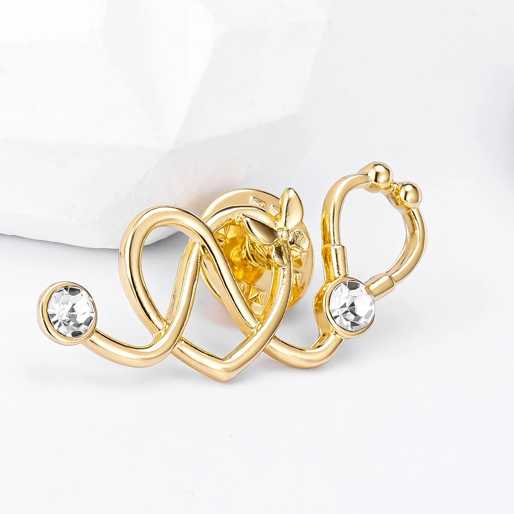 

Heart Shape Stethoscope Medical Brooch Pin Crystal Studded Charm Lapel Badge Jewelry for Respiratory Doctor Nurse