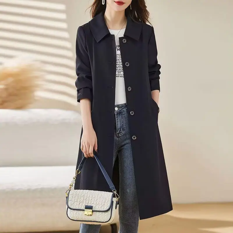 New Women Casual Trench Coat Solid Color Single-breasted Midi Length Windbreaker Female Outerwear Spring Autumn Gabardina Mujer