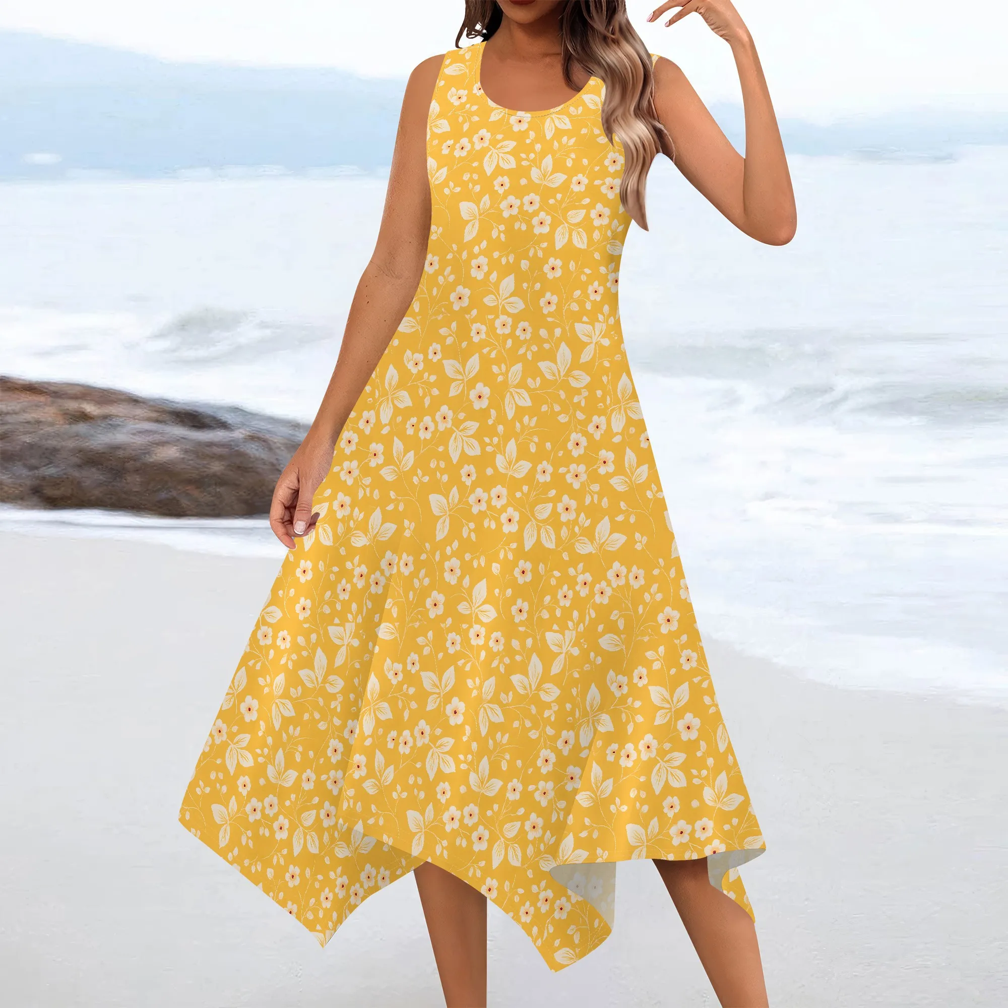 ชุดเดรสฤดูร้อนสตรี Sundresses แขนกุดคอ U หลวม