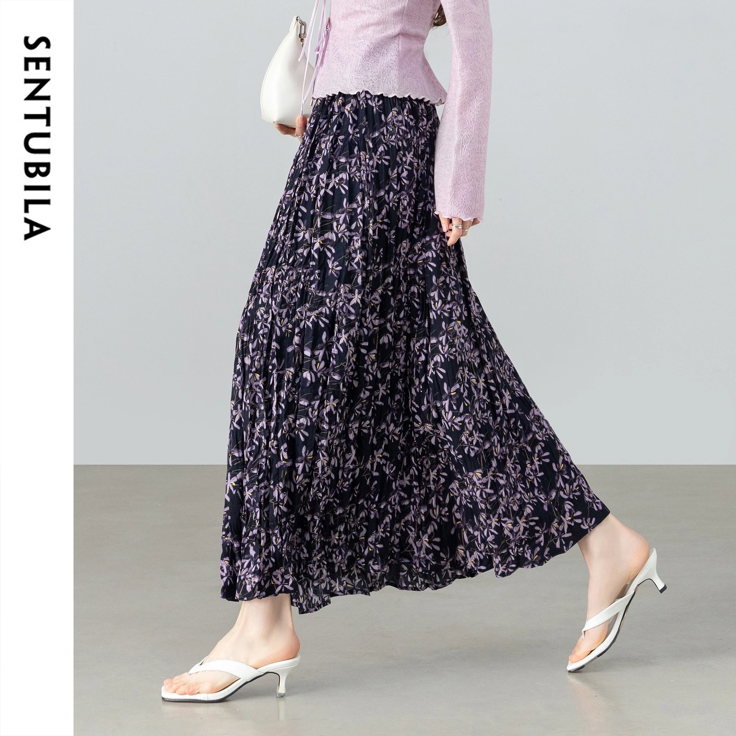 

SENTUBILA Women's Purple Printed Long Skirt 2026 Spring Fall Summer Elastic Waist Floral Print Skirts Ladies Clothing W61QF5798