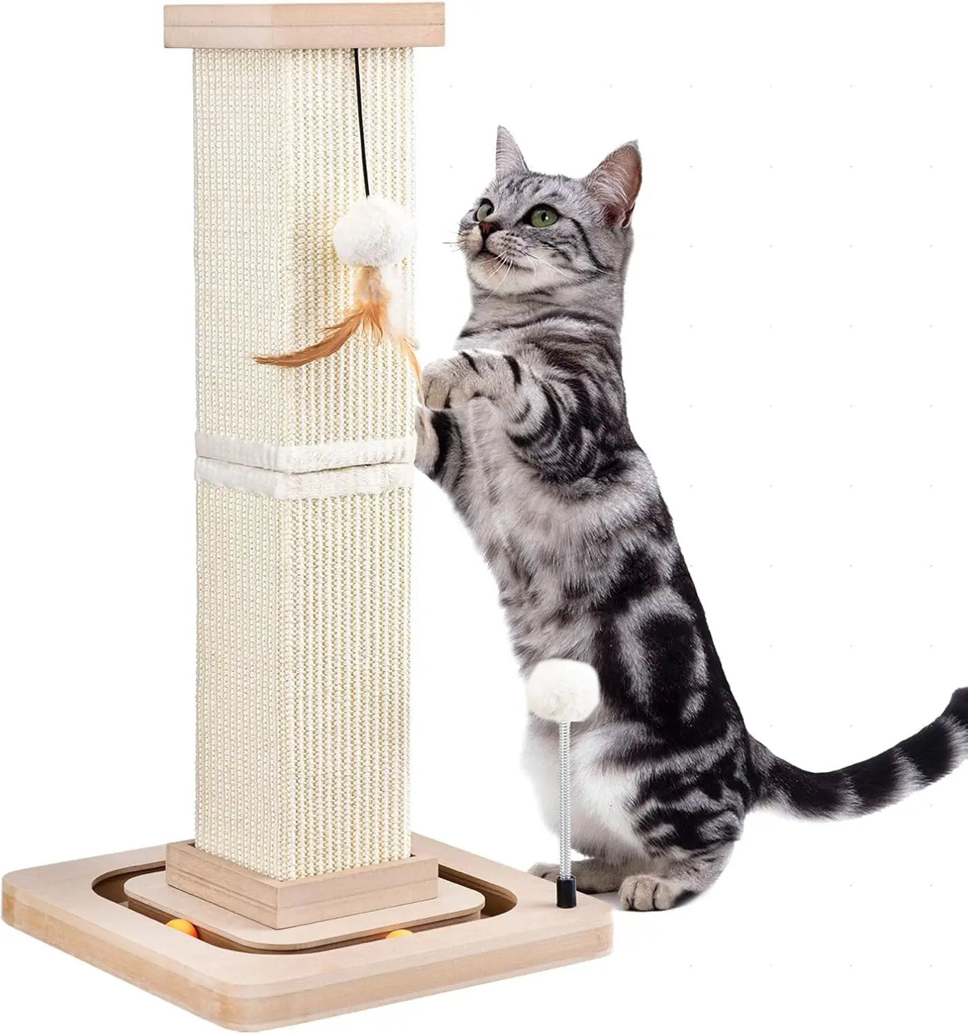 

27" Cat Scratching Post, Sisal Cat Scratcher with Interactive Track Balls and Hanging Balls, Vertical Scratching Posts f