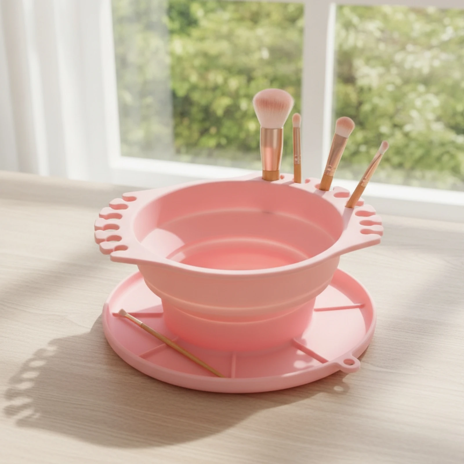 Makeup Brush Cleaning Bowl Foldable Cleaning Bowl with Brush Holder Silicone Space-Saving for Vanity, Bathroom