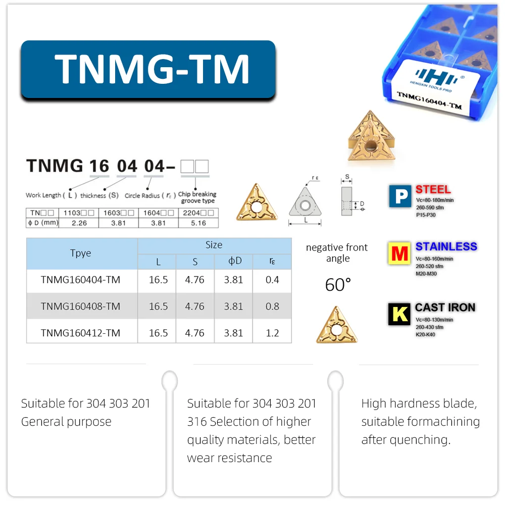 HENGXIN TNMG160404 TNMG160408 TNMG160412 TM External Turning Tools TNMG Tungsten Carbide Inserts S230G CVD CNC Lathe Cutter Tool