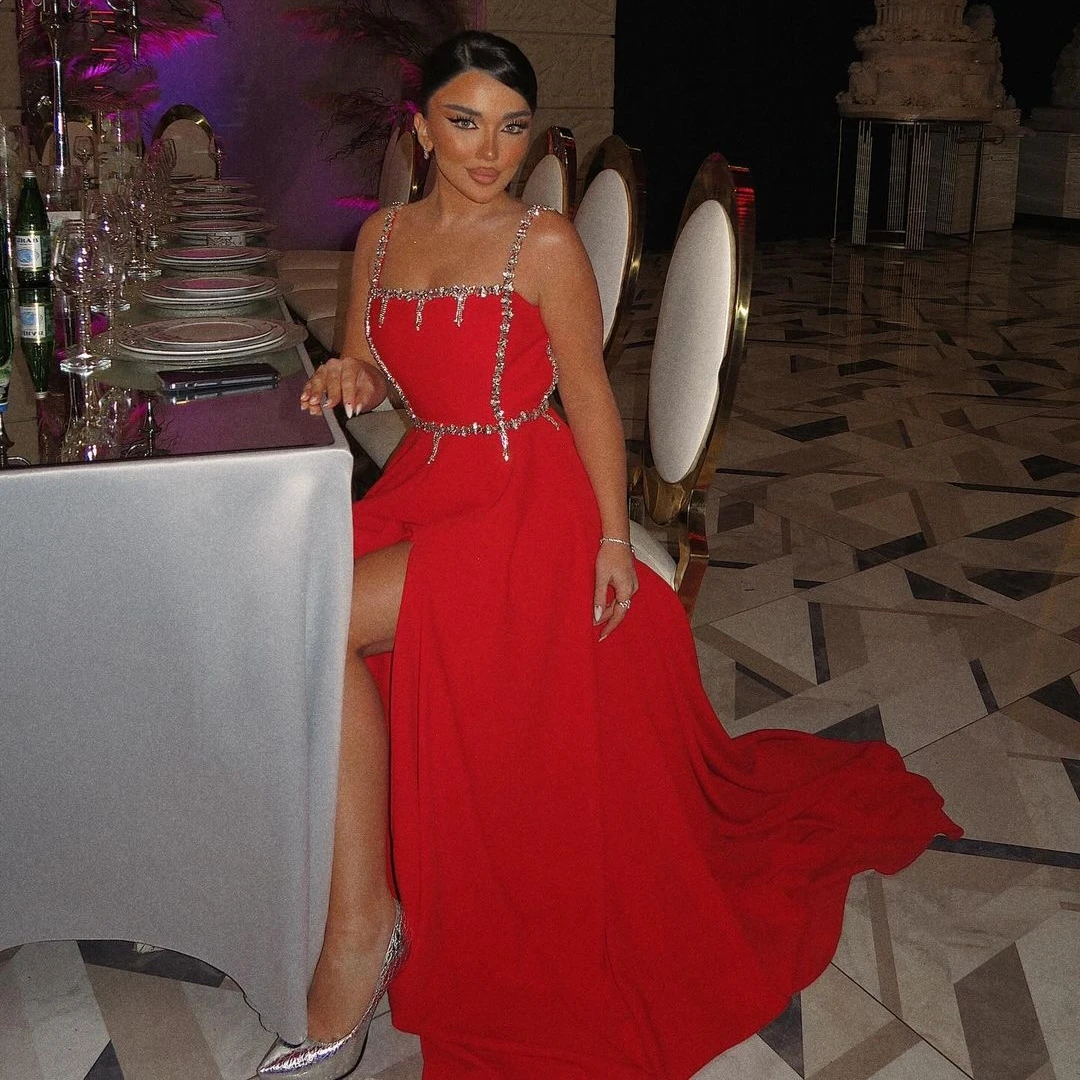 

Blueribbon Sexy Backless Red A Line Long Prom Dresses Spaghetti Straps Beaded Luxury Birthday Party Special Evening Gowns