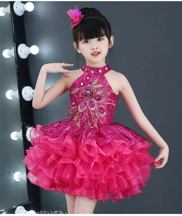 ファッションプリンセスガールドレス子供衣装夏のステージスパンコールチュチュベビー服ローブ-fille-パーティーダンス子供ドレス-vestidos