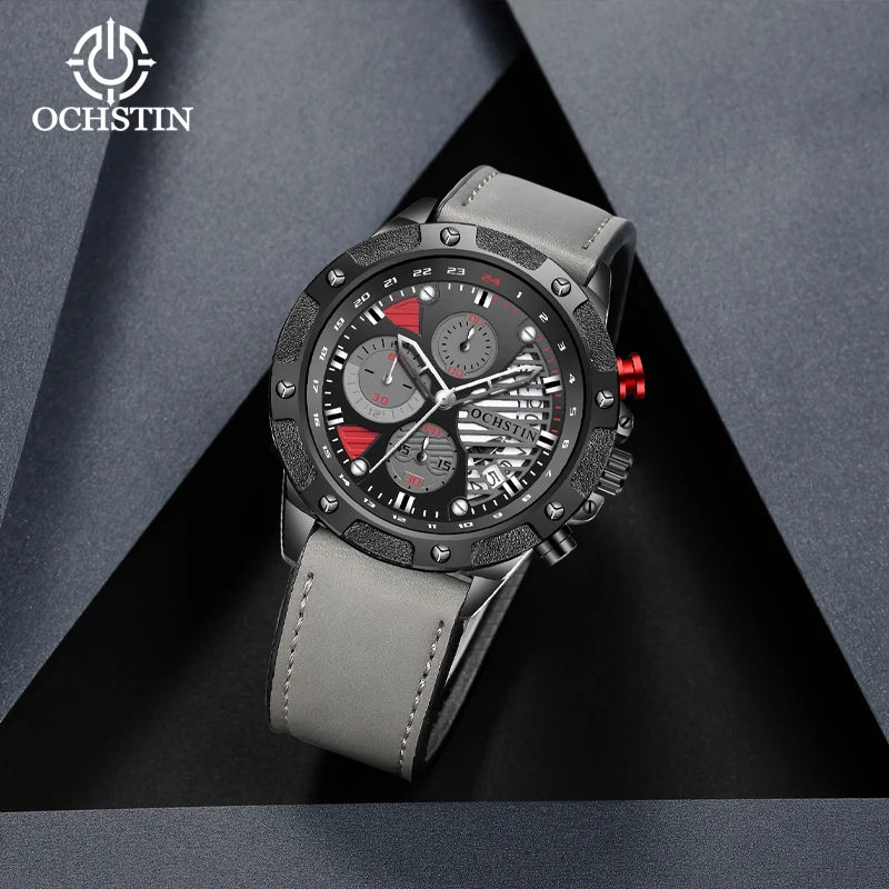 

OCHSTIN ремешок из натуральной кожи, многофункциональные кварцевые часы, мужские водонепроницаемые часы с календарем, Лидер продаж, роскошные наручные часы