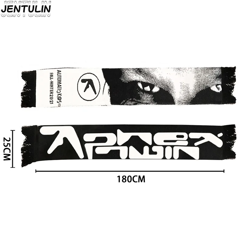 Y2K Aphex Twin creative hip-hop knit scarves warm Pullover oversize men\'s Streetwear scarves winter scarves apron black tassels