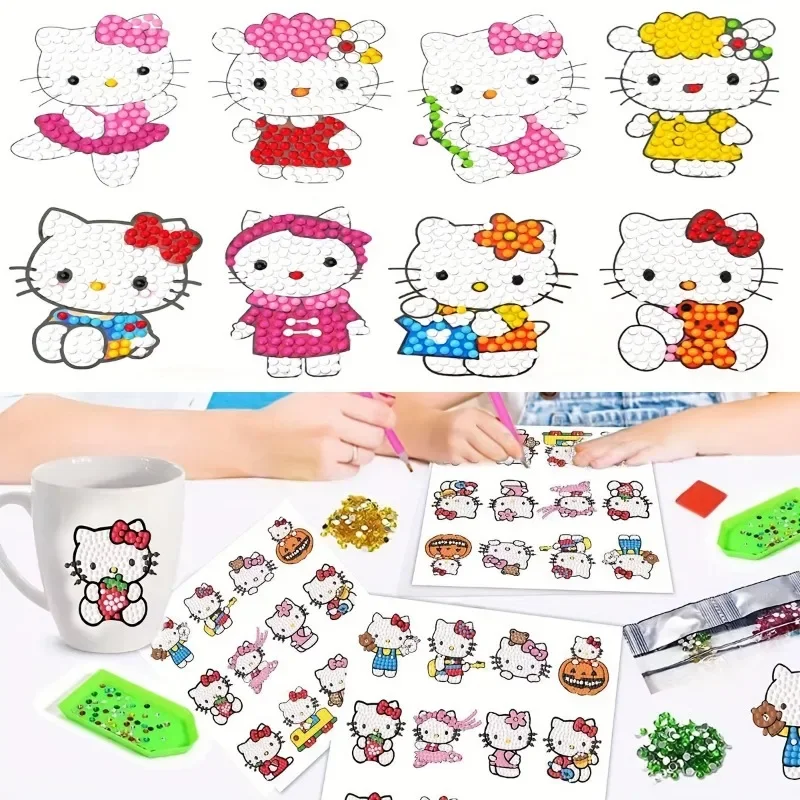 12 buah Kit stiker lukisan berlian Sanrio Hello Kitty 5D lucu stiker berlian tema Anime cat dengan angka Kit stiker DIY