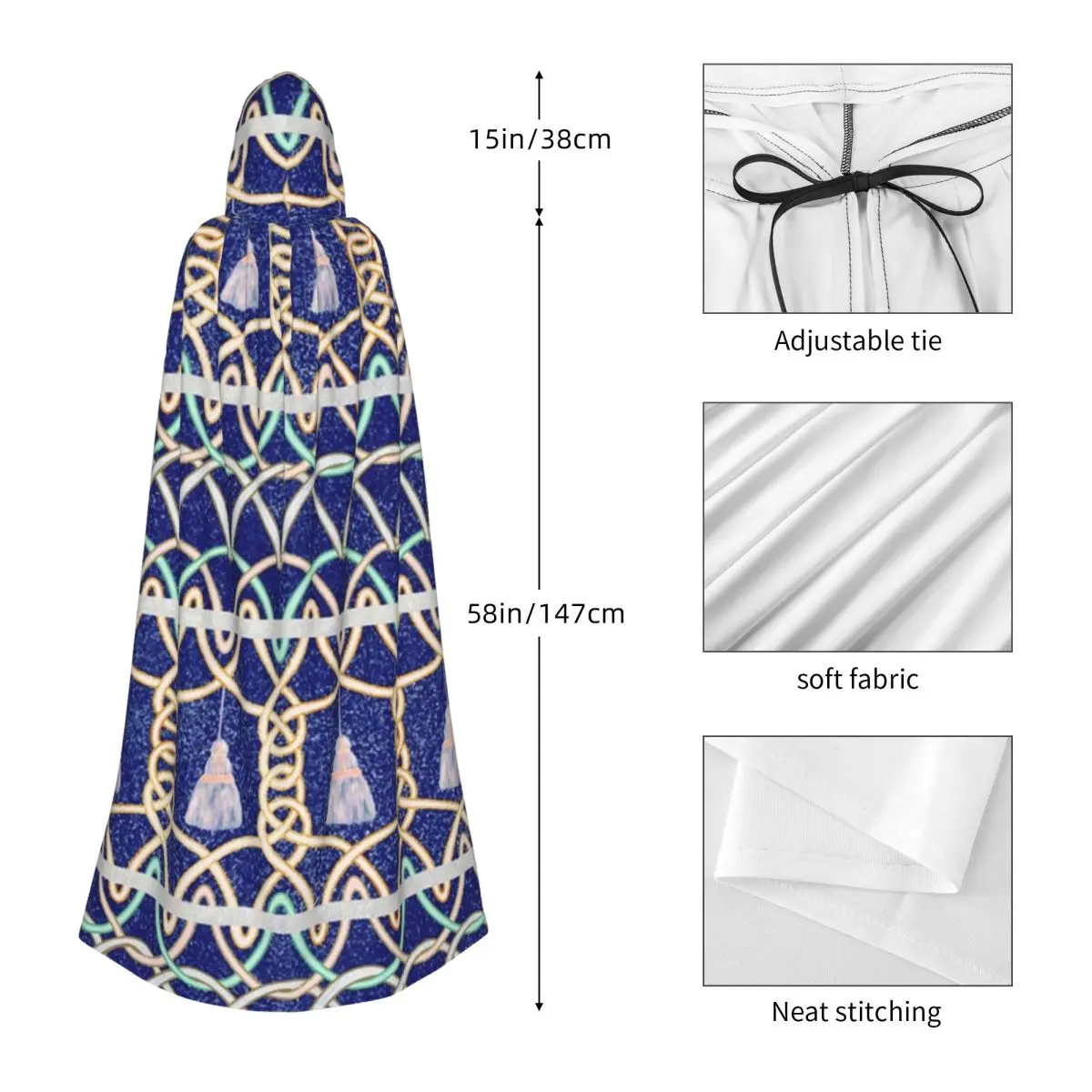 Midnight Sky Passementerie Blau und Pastell Langer Kapuzenumhang Hexe Mittelalter Kostüm Cosplay Cape HalloweenCoat Erwachsene Unisex