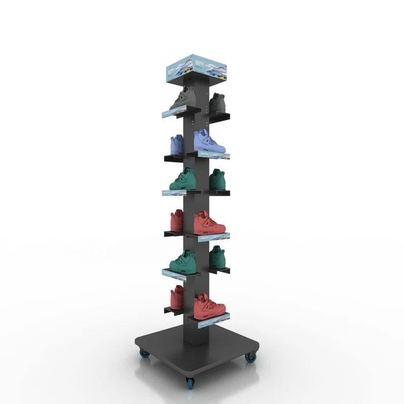 

Custom. multi sides store rack design metal black floor stands magnetic levitation shoe display for retail shop