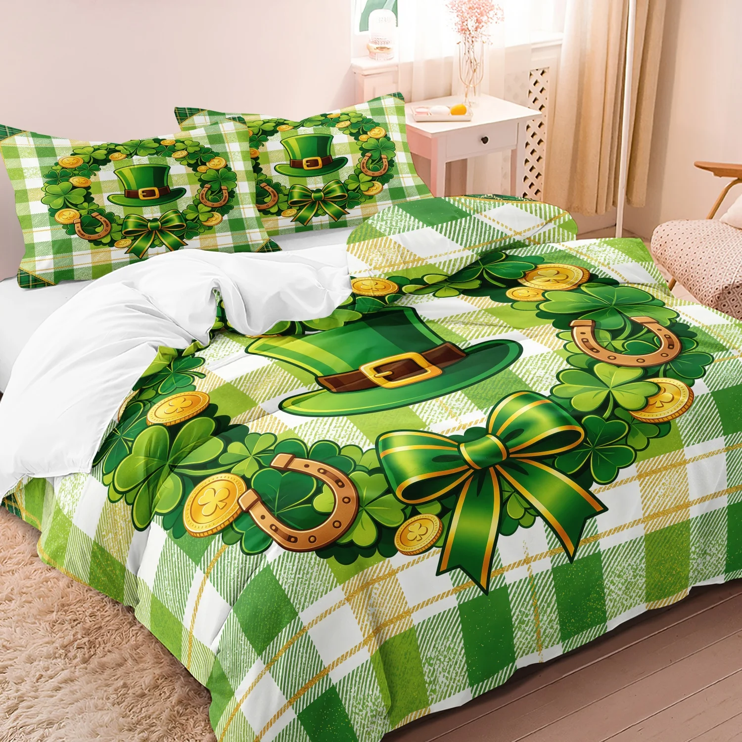 3Pcs St. Patrick's Day Print Duvet Cover Set, Green Plaid Leprechaun Hat Lucky Print Bedding, Soft Microfiber Home Decoration
