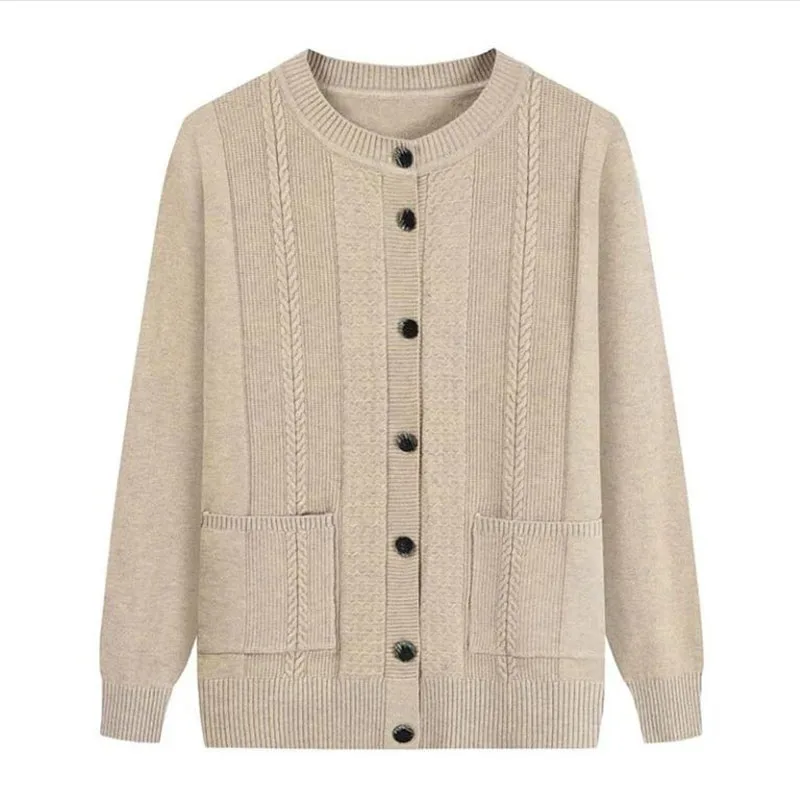 Middle-Aged Elderly Mothers Sweater Cardigan Spring Autumn Casual Jacket Round Neck Women Sweater Knitwear Coat 2023 New