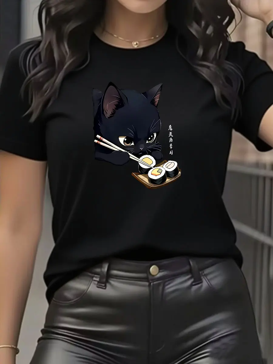 Black Cat & Sushi Kawaii T-Shirt - Cute Anime Sushi Roll & Cat Print, Soft Stretch Round Neck Summer Top, Casual Theme Outfit