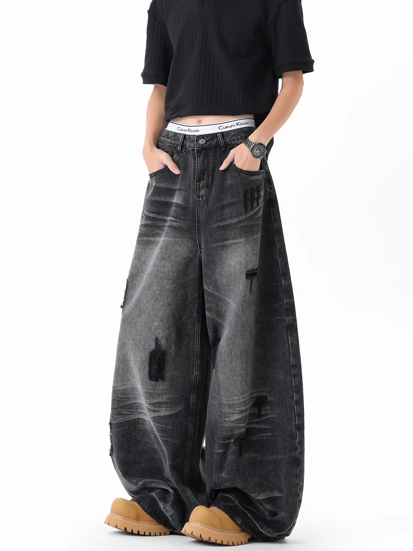 

Retro American Vintage Men's Jeans Knife Tear Draping Summer Design Sensation Silhouette Wide Leg Floor-Length Trousers