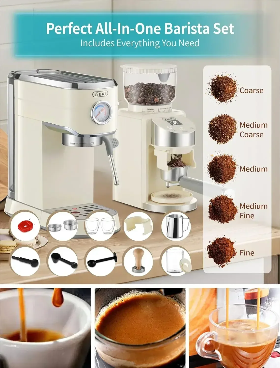 Gevi-Compact Professional Espresso Coffee Machine with Milk Frother, Latte and Cappuccino Burr, 20 Bar