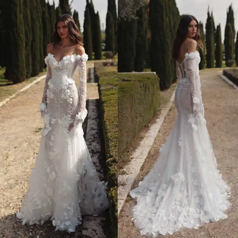Klasyczna suknia ślubna w stylu syreny, z pełnymi aplikacjami kwiatowymi, koronkowa suknia ślubna, duży rozmiar, odkryte ramiona, Vestidos De Novia, możliwość personalizacji.