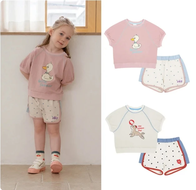 

Children's Summer Baby Clothing Girls' Set Boys' Cotton Cartoon Printed Short Sleeve Shirt Dot Shorts Fashion Set 2023