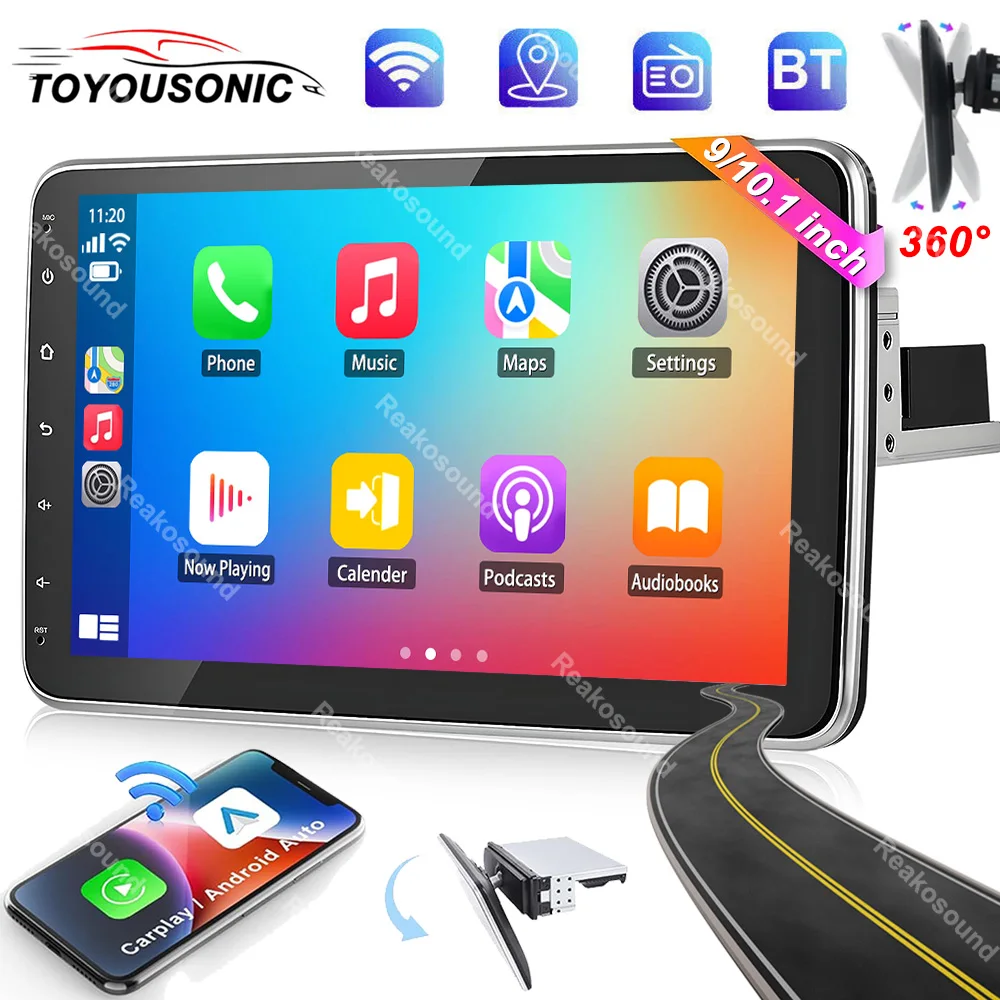 TOYOUSONIC 1Din 9/10 Inch Carplay Android Auto 360° rotatable Touch Screen Car Radio WIFI GPS USB BT Autoradio Multimedia Player