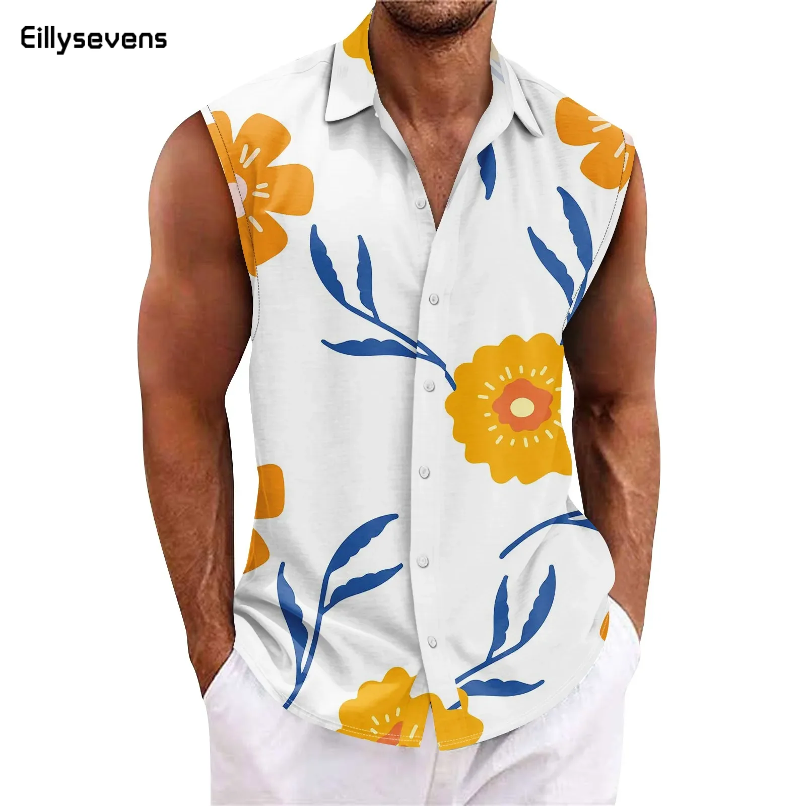 

Men Summer Vest Hawaiian Print Single-Breasted Sleeveless Men Shirt Patch Pockets Mid Length Male Shirt Lapel Men Summer Vest