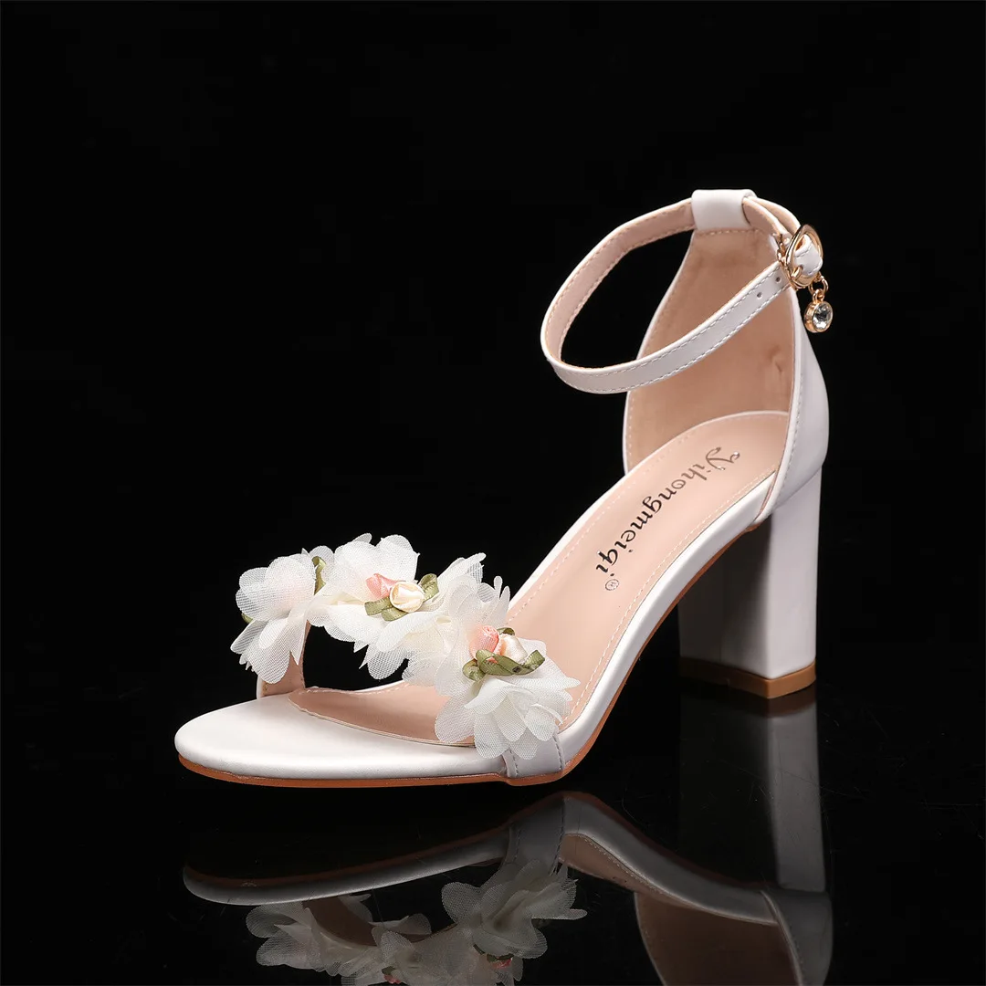 

Summer new rhinestone lace flower PU one-word strap square heel wedding shoes banquet large size thick high heel women's sandals