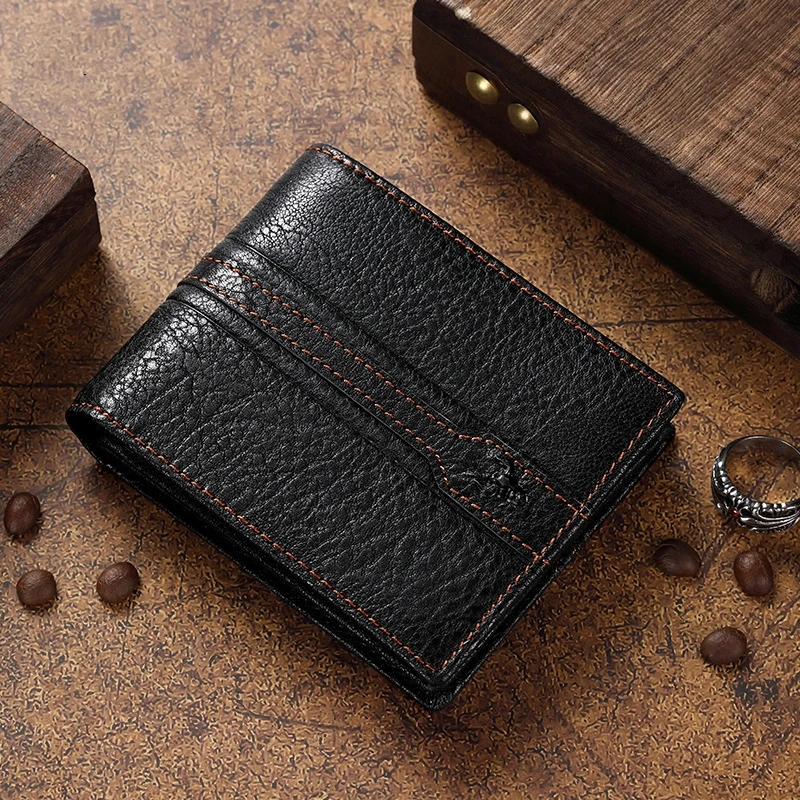 

YETTIES Soft Genuine Leather Wallet Men's Cow Leather Wallets Man Small card holder Wallets Balck Short Purse for Male