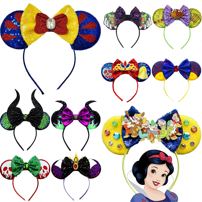 Disney Mickey Mouse Ears Snow White Headbands for Girls Kids Evil Queen Hairbands Women Sequins Bow Hair Accessories Adults Gift