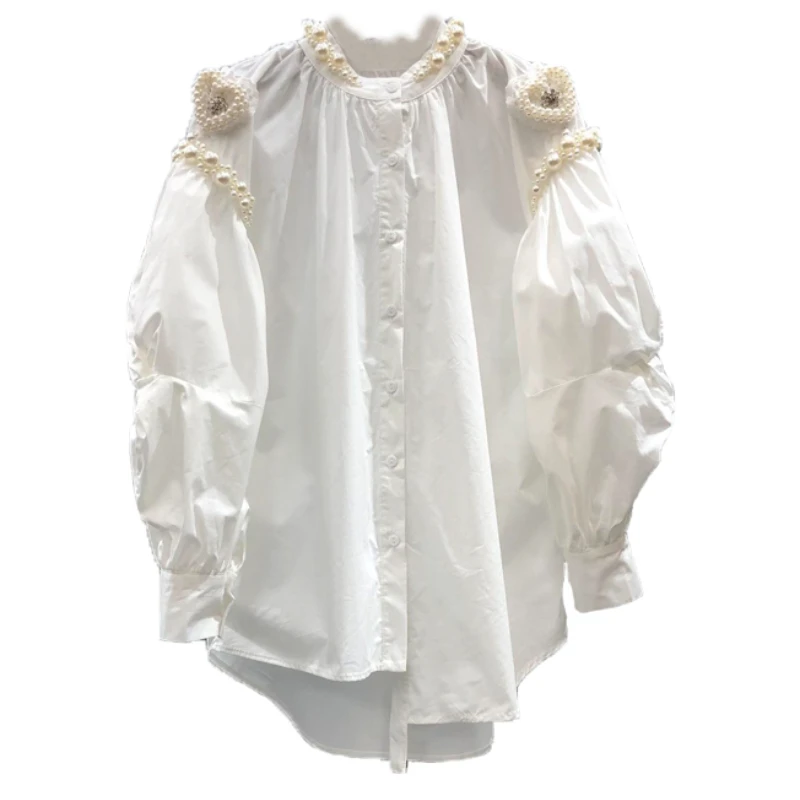 Loose Long White Blouse for Women 2023 Spring Love Beads Lantern Sleeve Shirt European and American Style Top Shirts Blusas