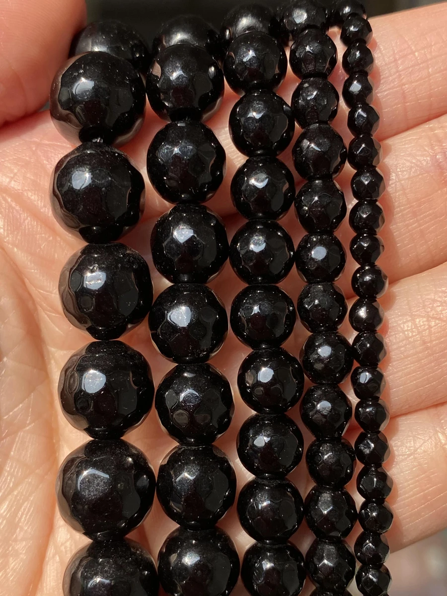 Natural Faceted Black Agates Stone Beads Round Loose Spacer Beads For Jewelry Making DIY Bracelet Handmade 4/6/8/10/12mm