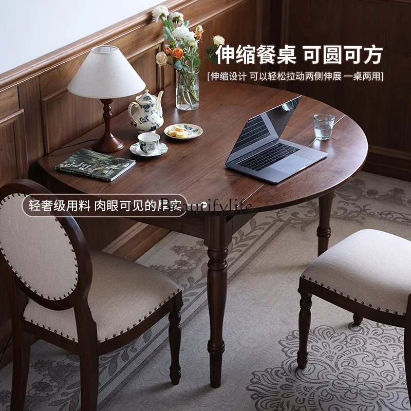 

yj39 North American black walnut solid wood round table American retractable dining table retro furniture home