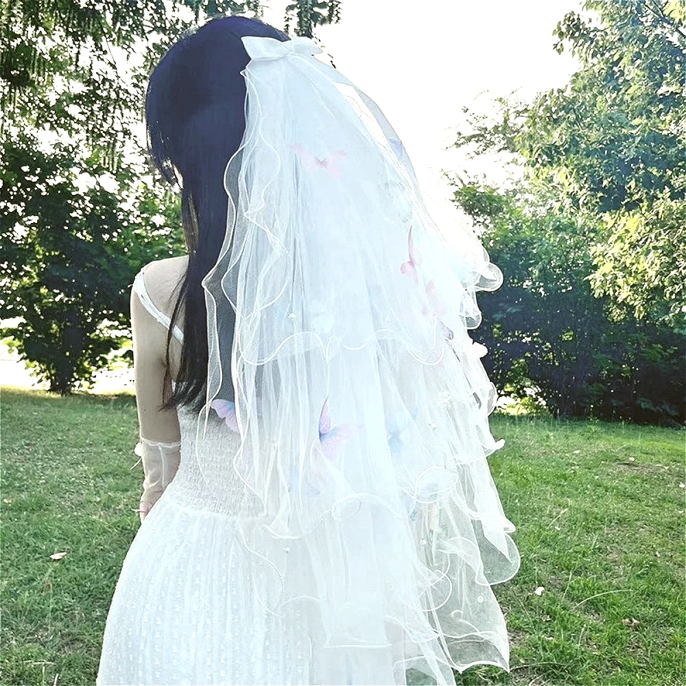 

Shoulder Length Veil with Pencil Edge Wedding Veils Colorful Butterflies Two Layer Veil with Comb Wedding Supplies Homecoming