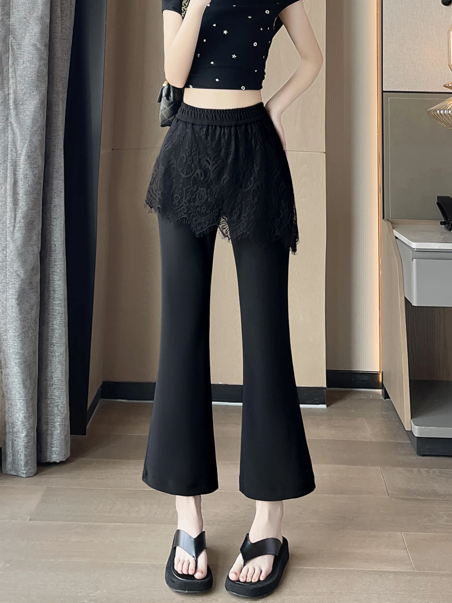 

High Waist Micro Flare Suit Pants Women's Summer Thin Ice Silk Slim Fit Fake Two-Piece Hoof Eighteen Pants Casual Trousers