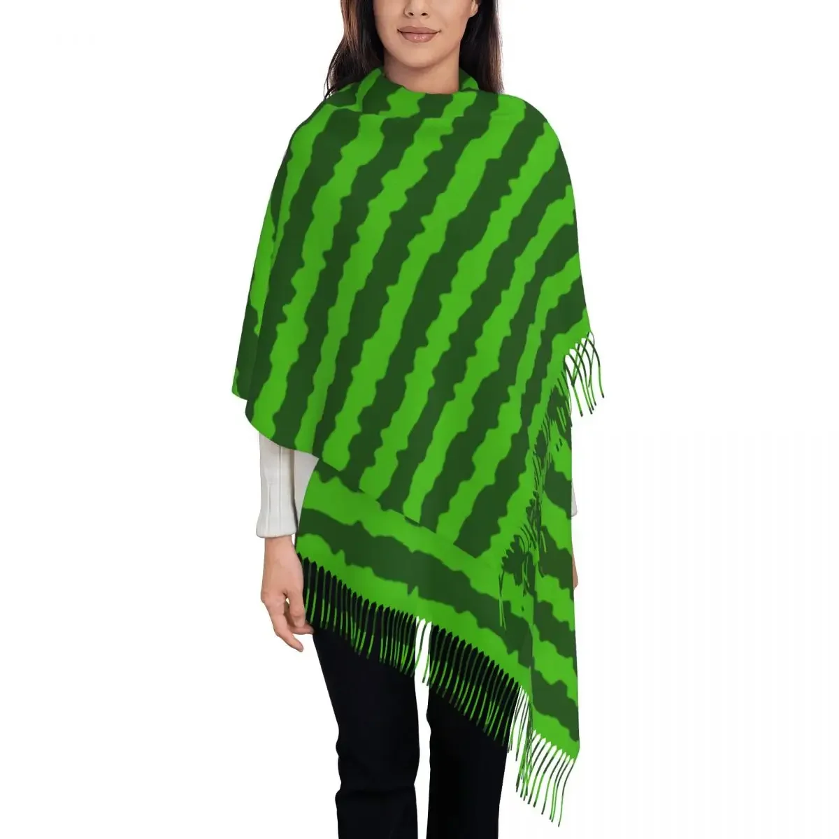 Green Stripes Scarf with Long Tassel Watermelon Fruits Outdoor Shawl Wraps Unisex Headwear Scarves Winter Vintage Bufanda Mujer