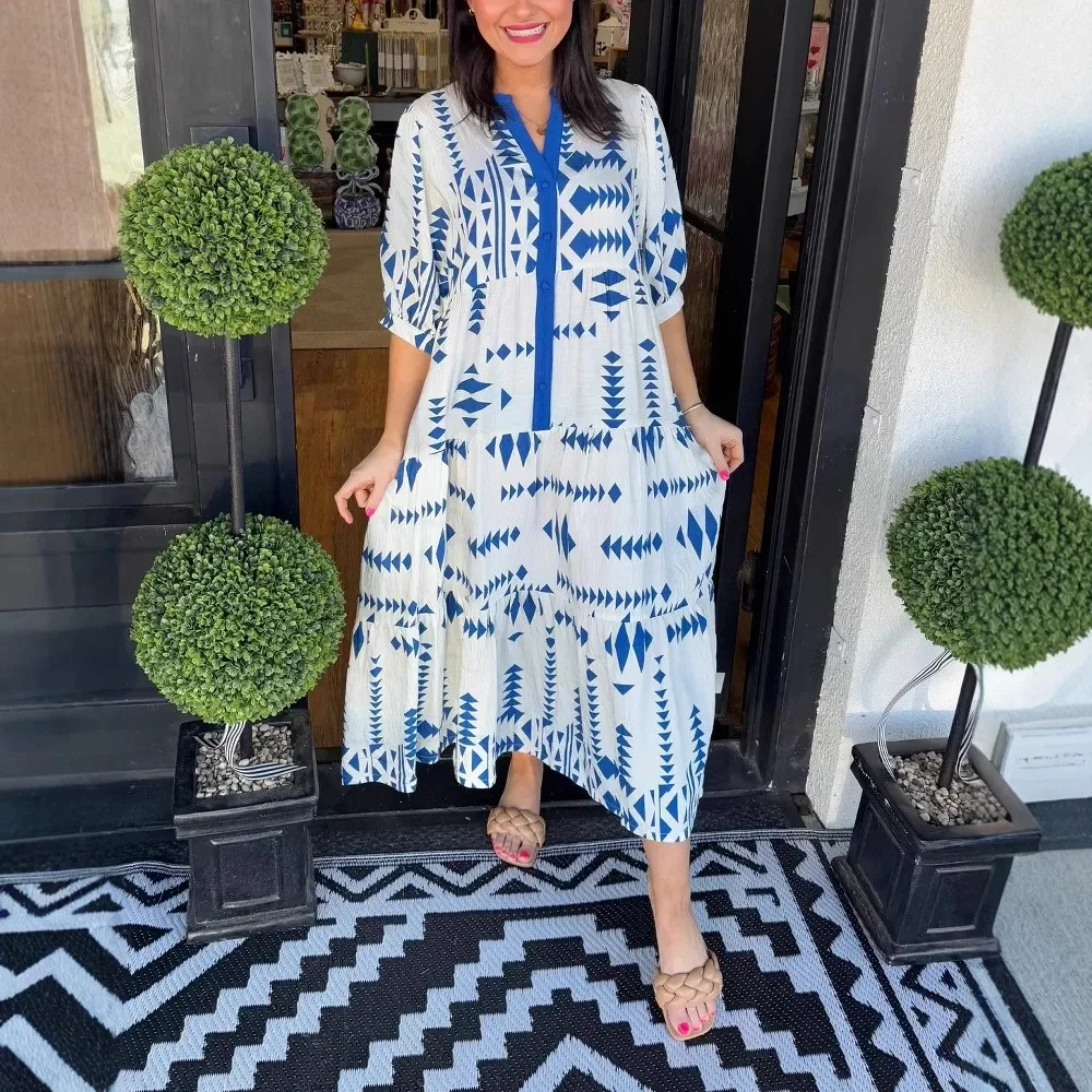 夏プリントルーズパッチワーク女性のドレスシャツ V ネックボタンカジュアルビーチエレガントな女性半袖ドレス 2025