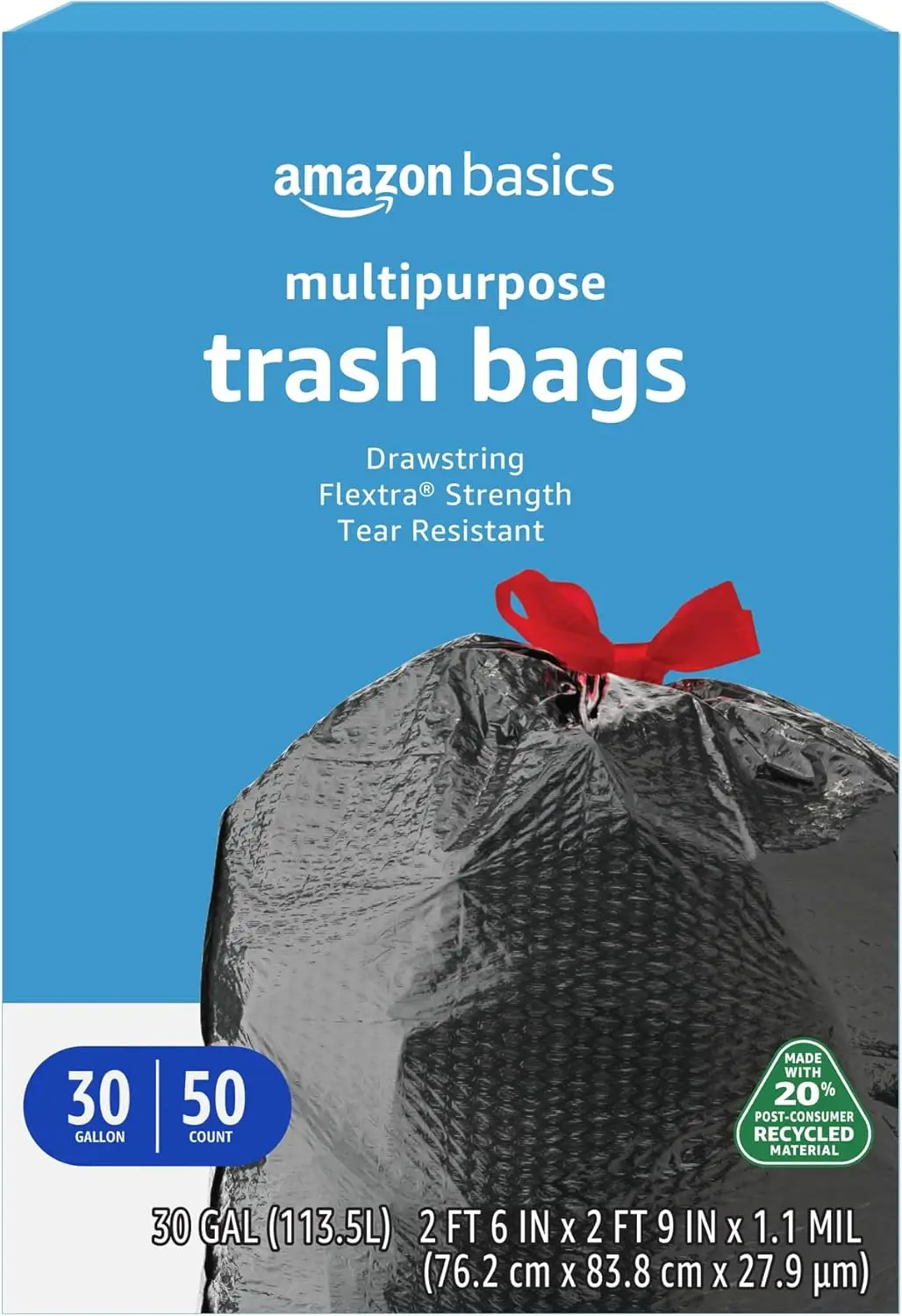 

30 Gallon Heavy-Duty Drawstring Trash Bags, Tear-Resistant Black Plastic, 50 Count with Recycled Material