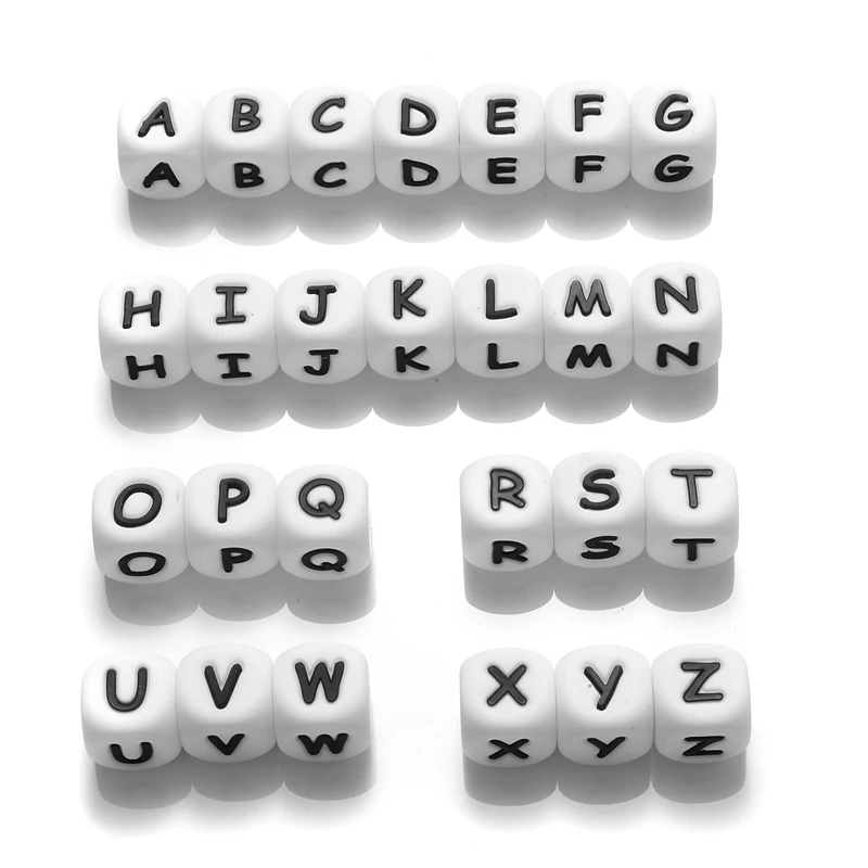 26 Stück Silikon-Buchstabenperlen, 12 mm, buntes Alphabet, Silikon-Kauperle für Schnuller, Clip-Kette, Beißring-Zubehör, BPA-frei