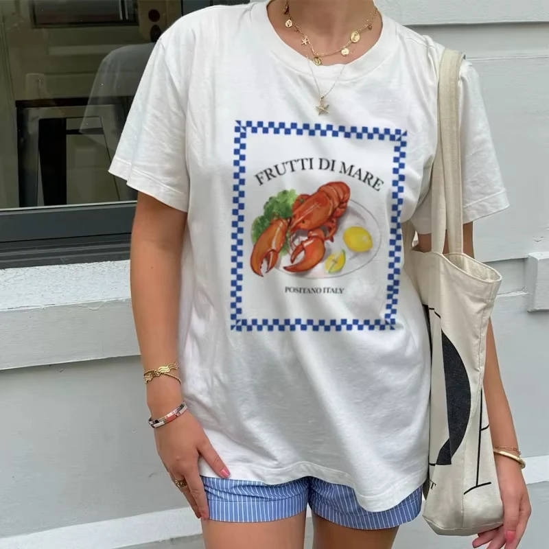 

Итальянские футболки с короткими рукавами и морскими фруктами Y2k, эстетичная рубашка Foodie, ретро футболки для пляжного отдыха и отдыха, женские модные летние топы