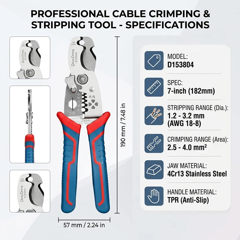 Cable Crimping Pliers 4Cr13 Stainless Steel Wire Stripper Curved Blade Auto Open Spring PP+TPR Handle Electrical Wire Cutter