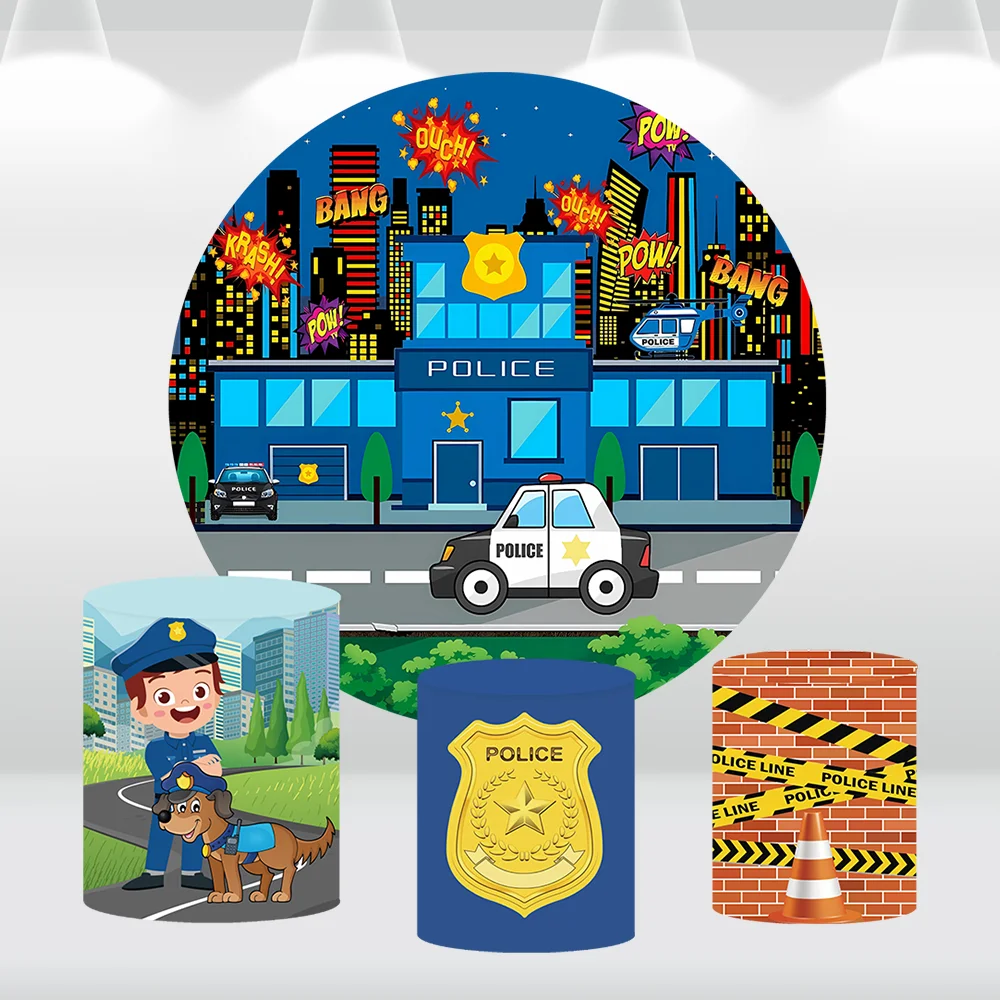 

Police Themed Circle Photography Background Policeman Car Boys Birthday Party Decorations Round Backdrop Photo Studio Props