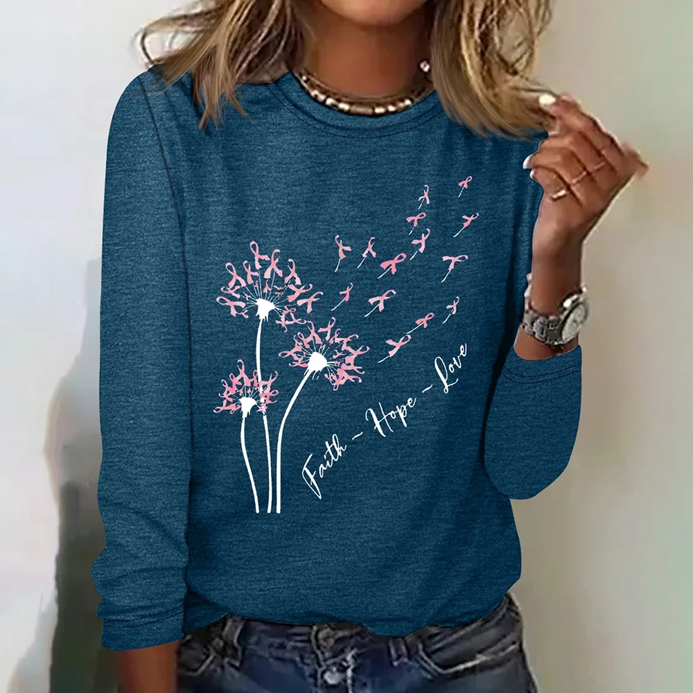 Dandelion Pink Ribbon Print Womens T-Shirt Designer Long Sleeve T-Shirt Polyester Women Fashion Long Sleeve