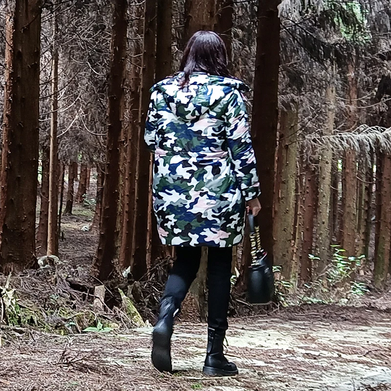 2022 new winter thickened hooded long down jacket jacket straight camouflage long-sleeved loose color coat women