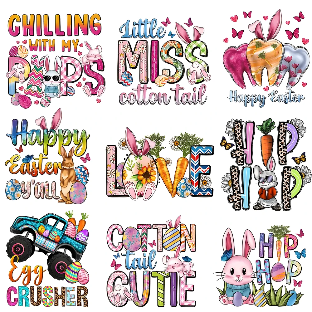 Easter Print Iron on Patches for Clothing Heat Transfers Sticker Easter Egg Bunny Truck Design Patch for Clothes Plastisol Patch