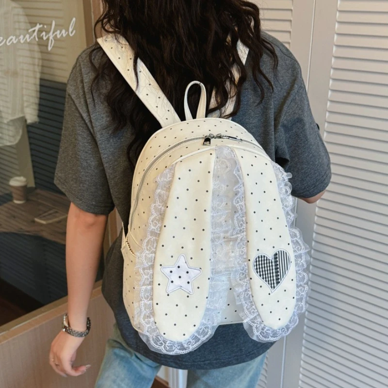 Sweet Lace Polka Dot Bunny Ear Backpack for Women Star Heart Versatile Girls Shoulder Bags Lightweight Portable Student Handbag