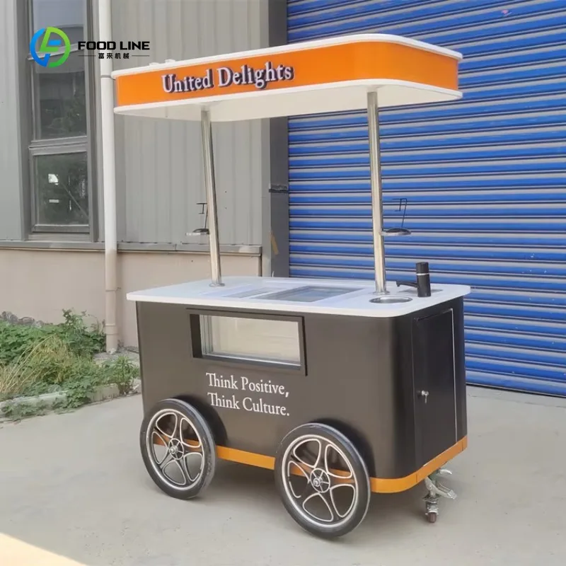 Small Hand Push Coffee Ice Cream Cart Display Freezer Snack Chips Vending Street Sale Support Custom