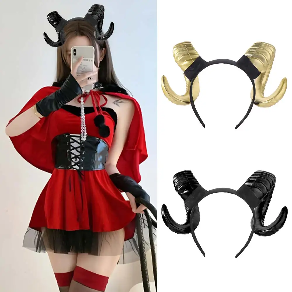 Artificial Black Demon Horn Headwear Realistic Gothic Halloween Devil Headband Reusable Unisex Goat Horn Hair Hoop Christmas